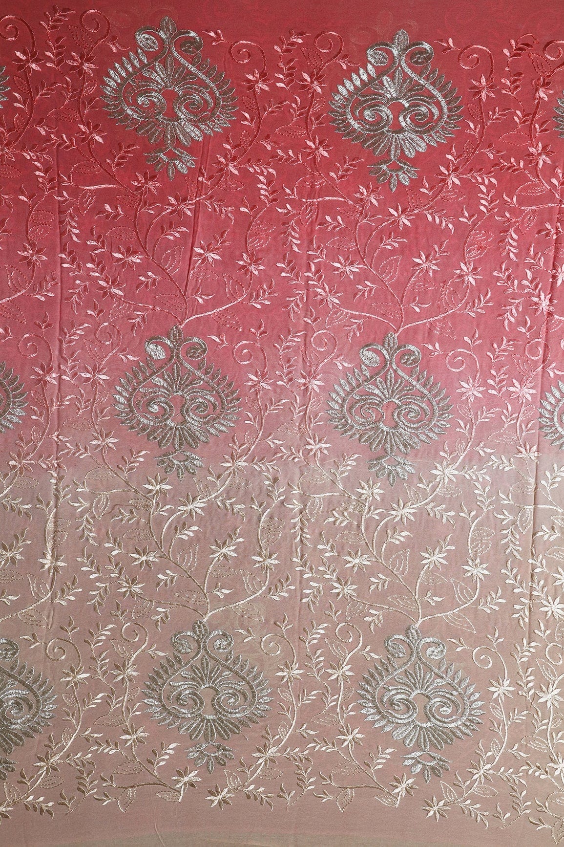 2.50 Meter Cut Piece Of Multi Thread With Silver Zari Floral Embroidery On Multi Color Viscose Georgette Fabric - doeraa