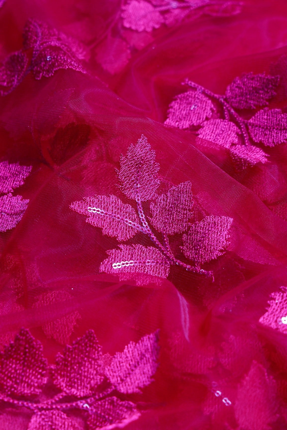 2.75 Meter Cut Piece Of Gorgeous Pink Thread With Sequins Floral Leafy Embroidery On Dark Pink Soft Net Fabric - doeraa
