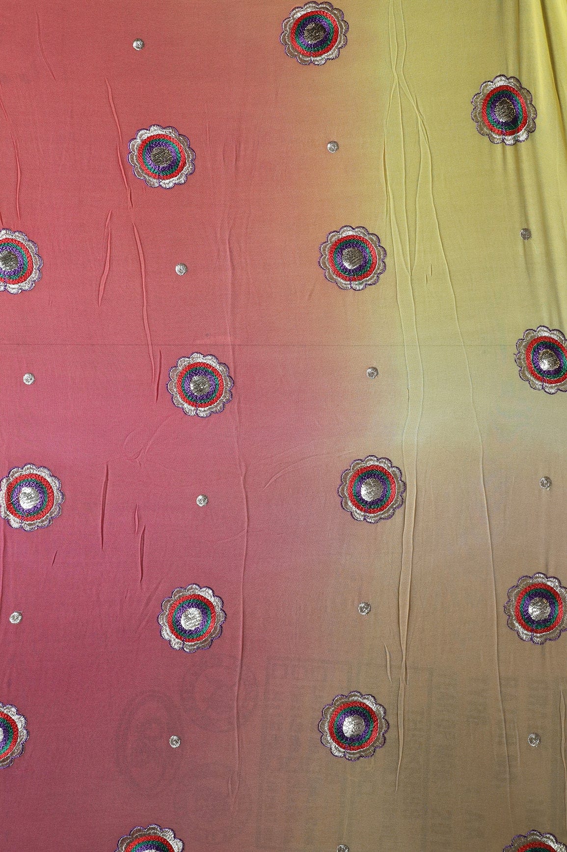 2.75 Meter Cut Piece Of Multi Thread With Gold Zari Floral Embroidery On Multi Color Viscose Georgette Fabric - doeraa