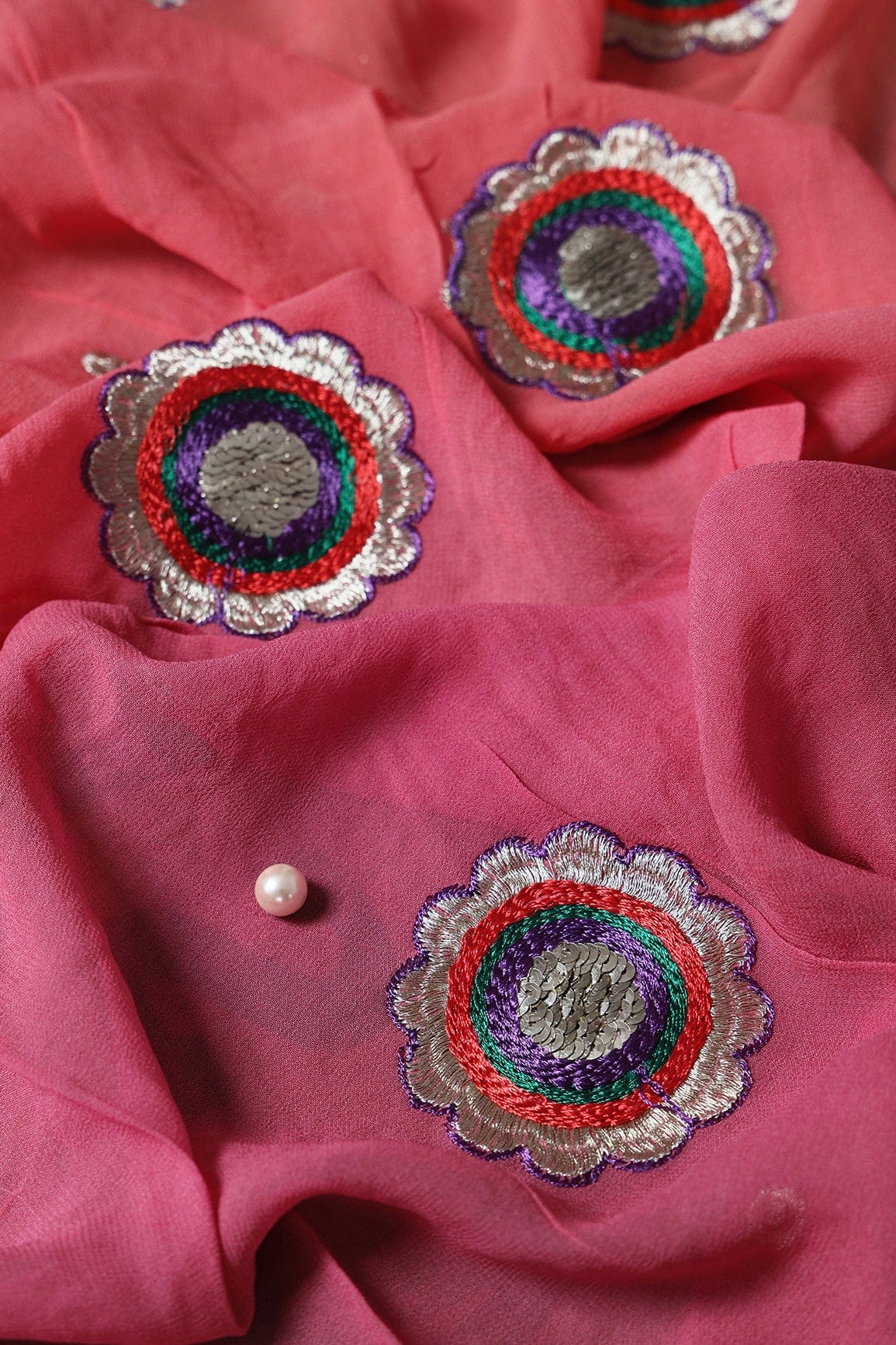 2.75 Meter Cut Piece Of Multi Thread With Gold Zari Floral Embroidery On Multi Color Viscose Georgette Fabric - doeraa