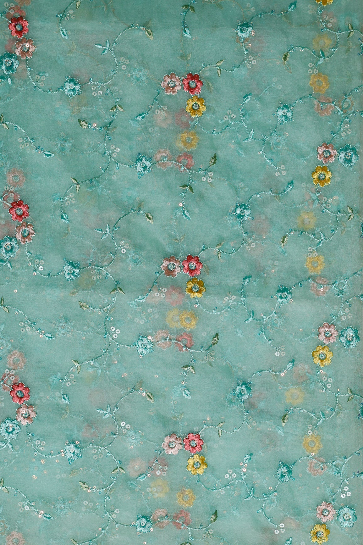 2.75 Meter Cut Piece Of Silver Sequins With Thread Floral Embroidery Work On Sea Green Organza Fabric - doeraa