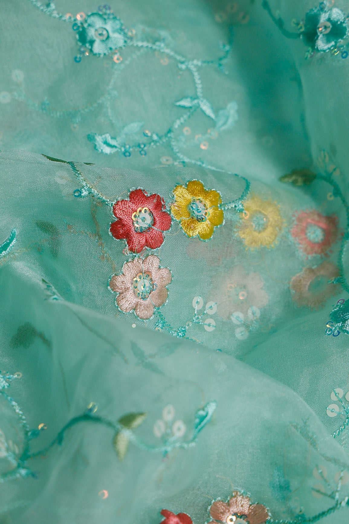 2.75 Meter Cut Piece Of Silver Sequins With Thread Floral Embroidery Work On Sea Green Organza Fabric - doeraa