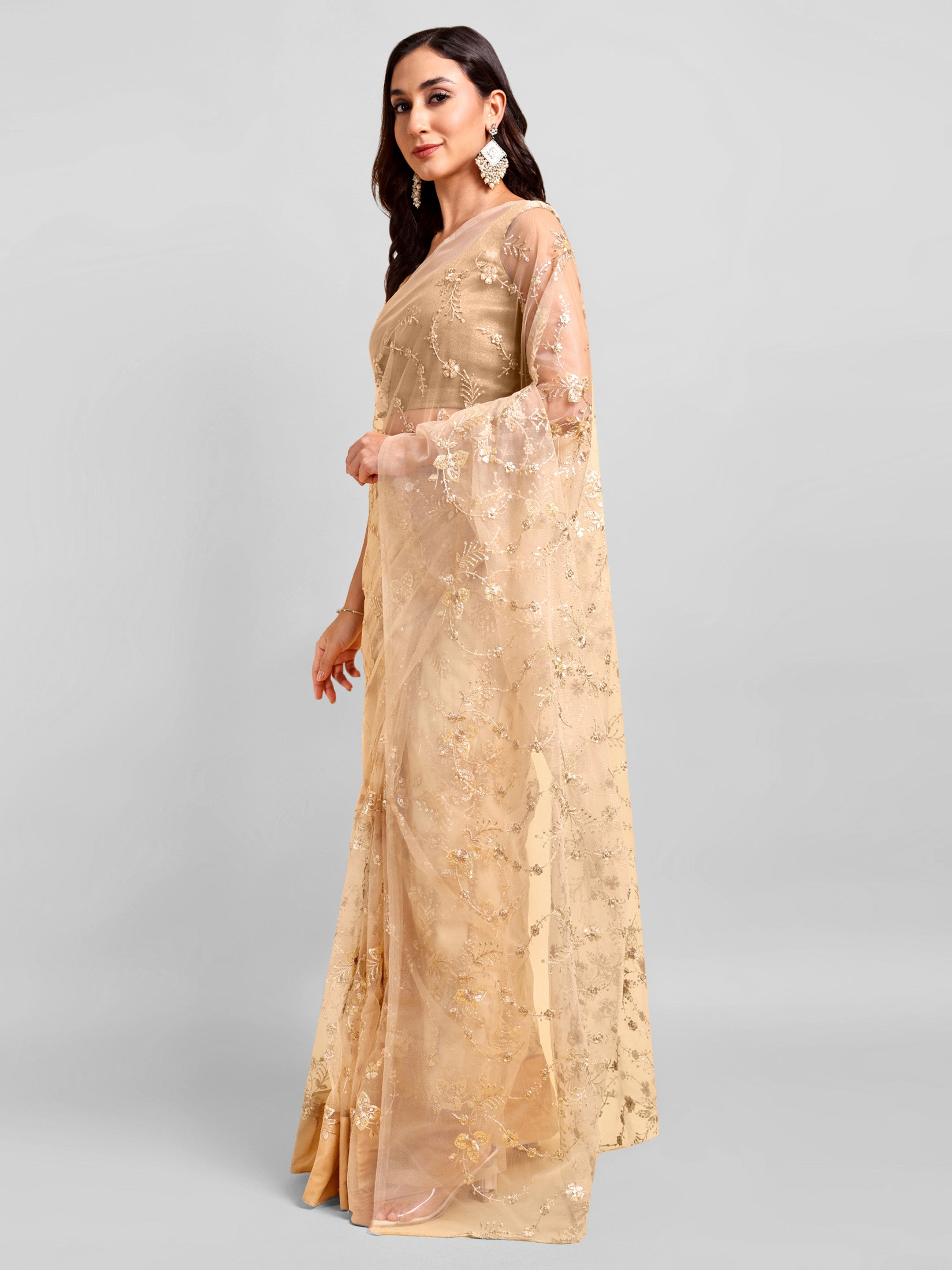 Beige Net Saree Set (2 Piece)