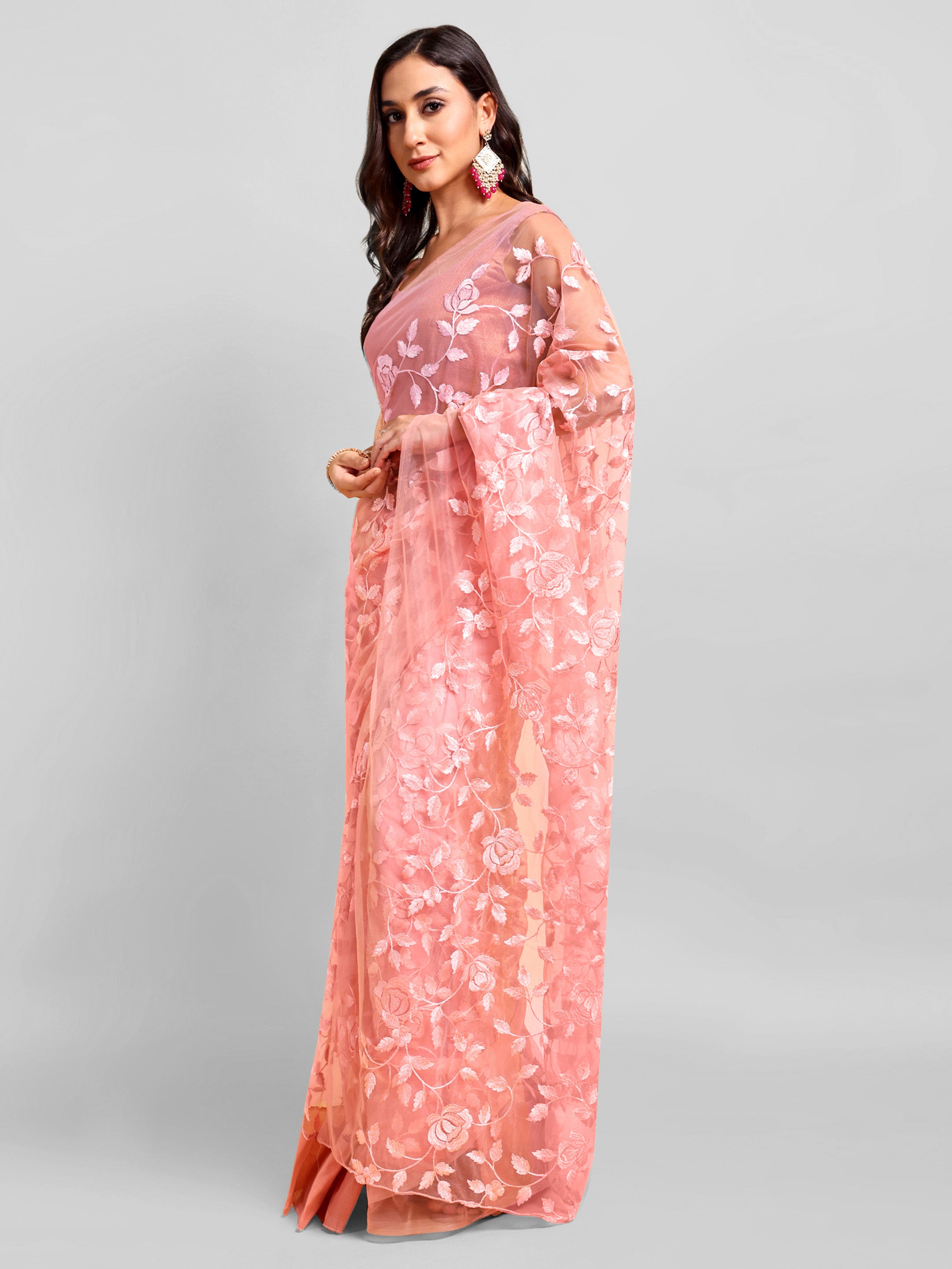 Pink Net Saree Set (2 Piece)