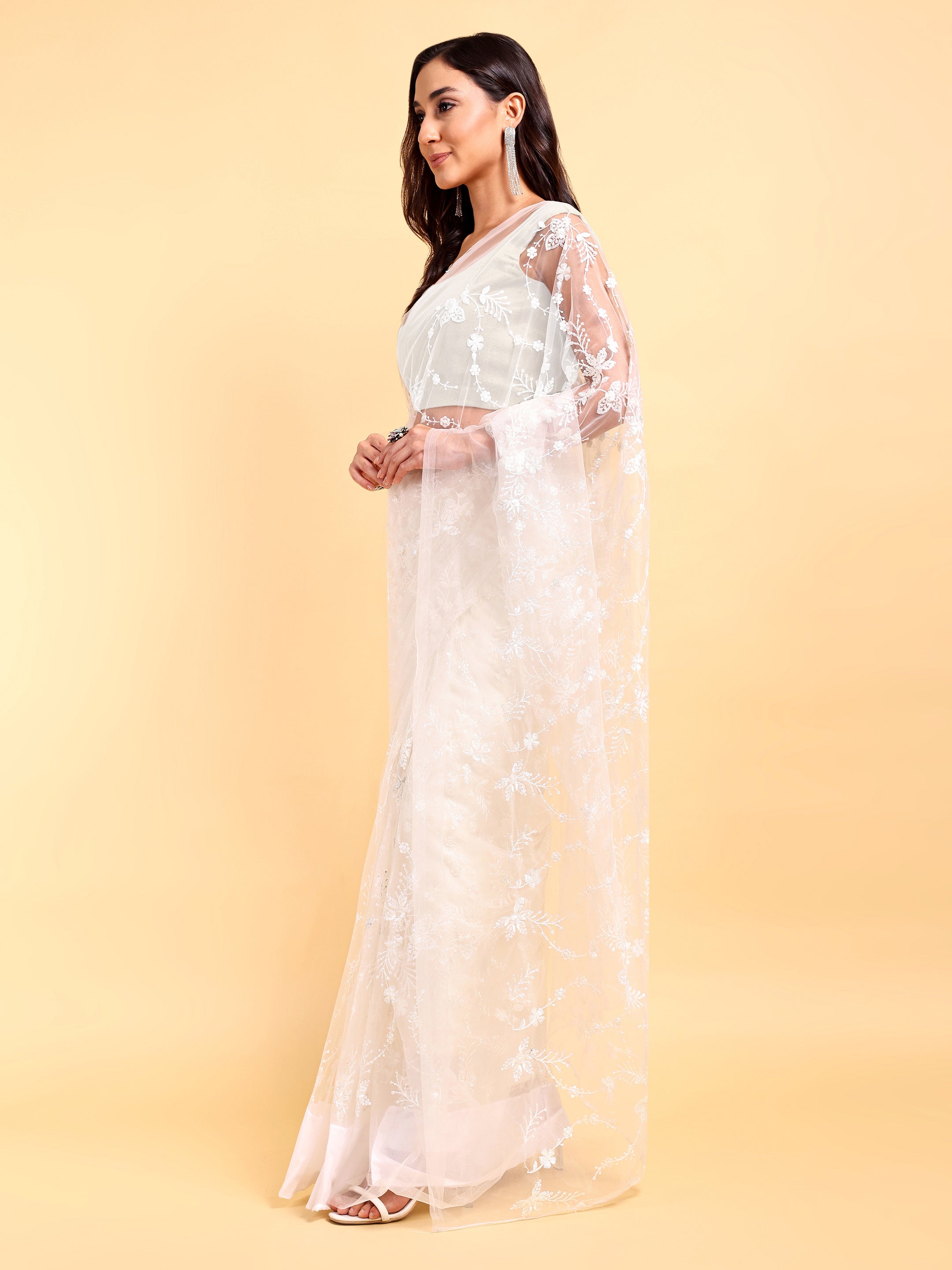 White Net Saree Set (2 Piece)