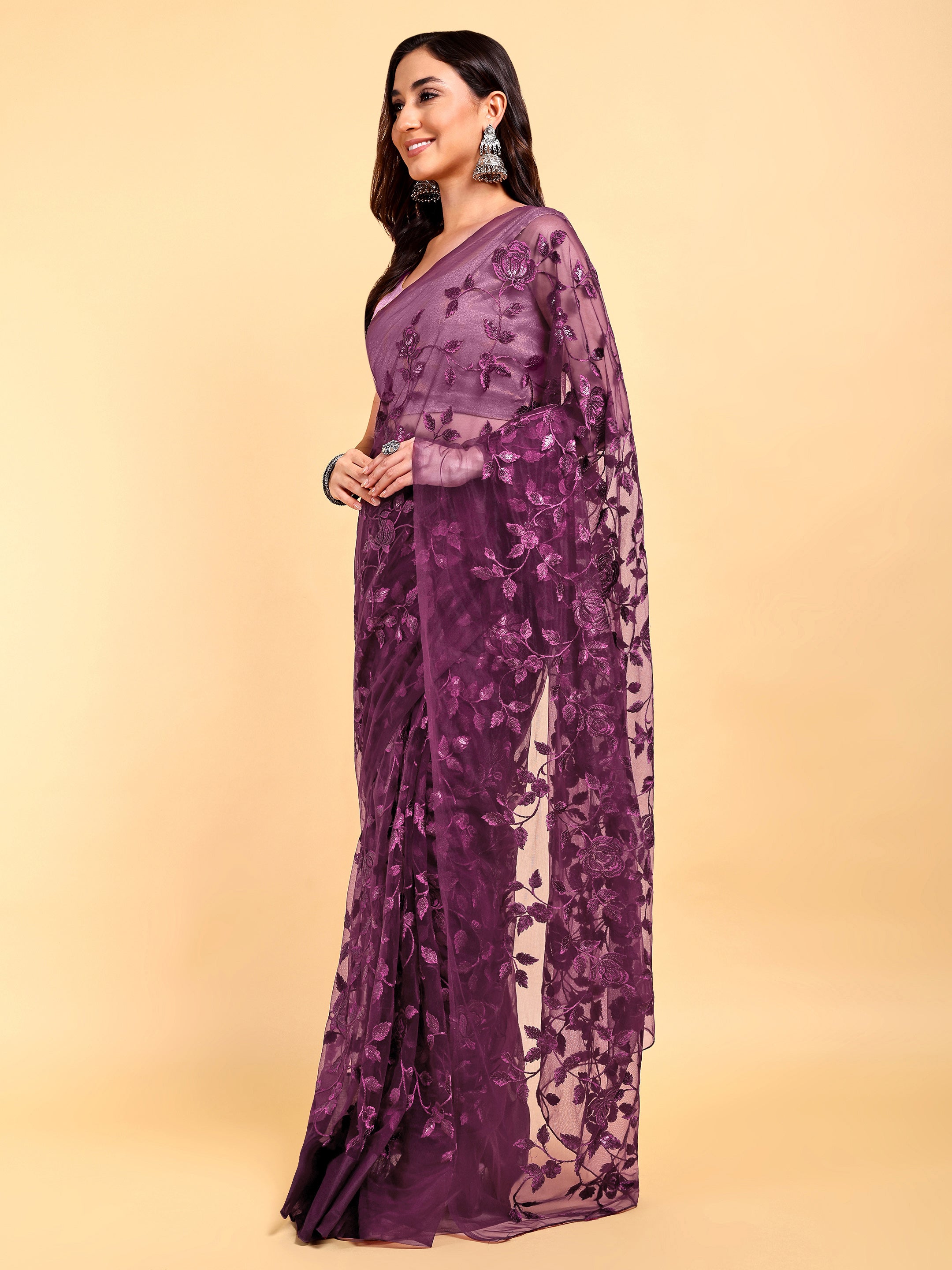 Wine Net Saree Set (2 Piece)