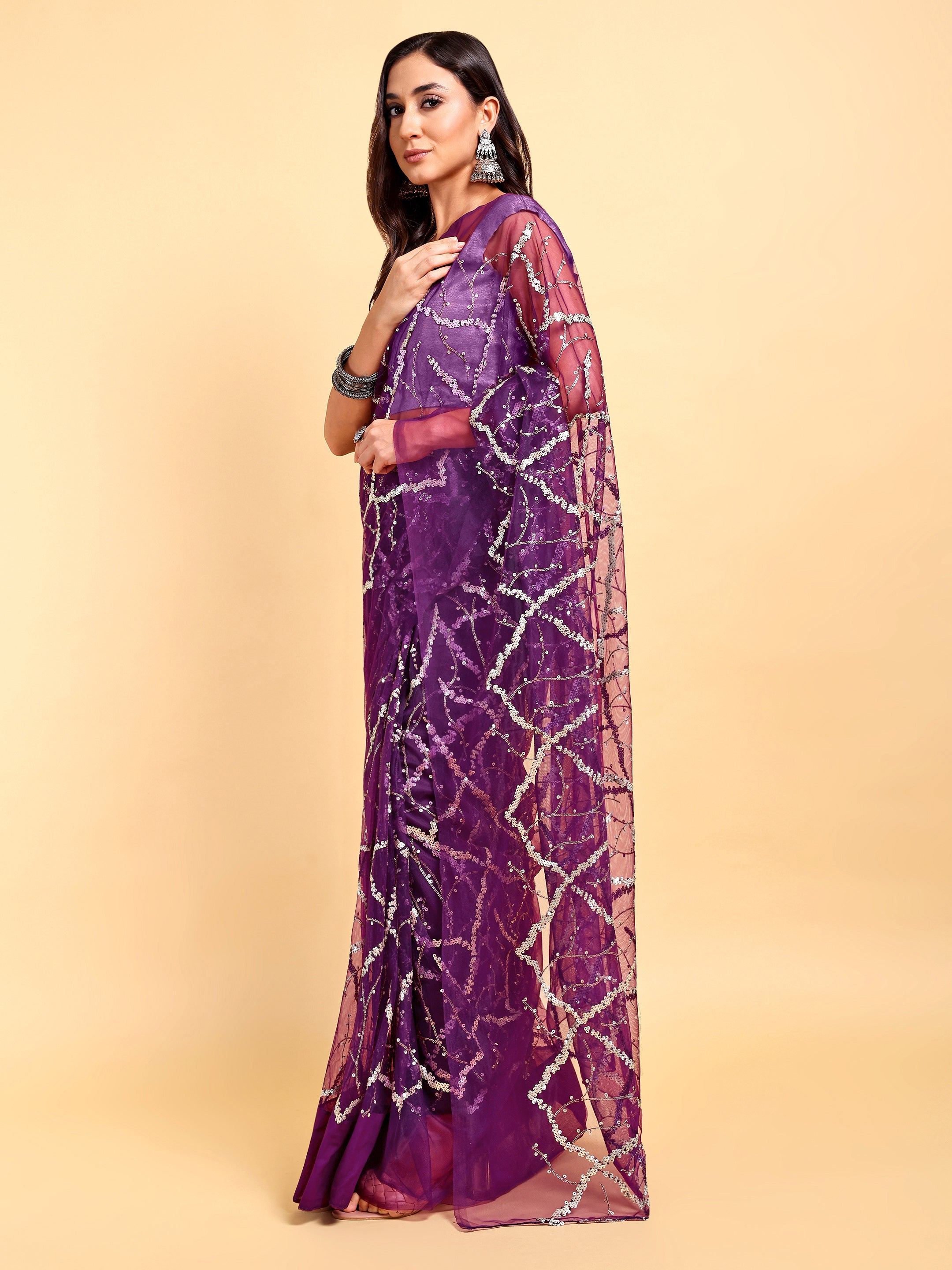 Wine Net Saree Set (2 Piece)