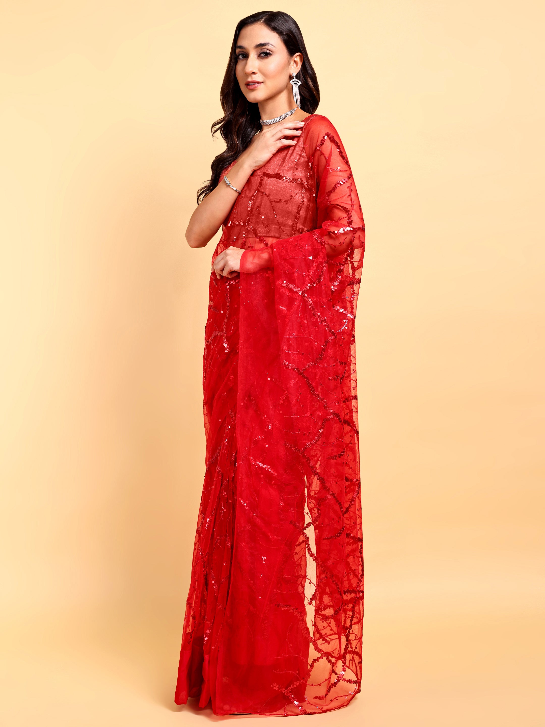 Red Net Saree Set (2 Piece)