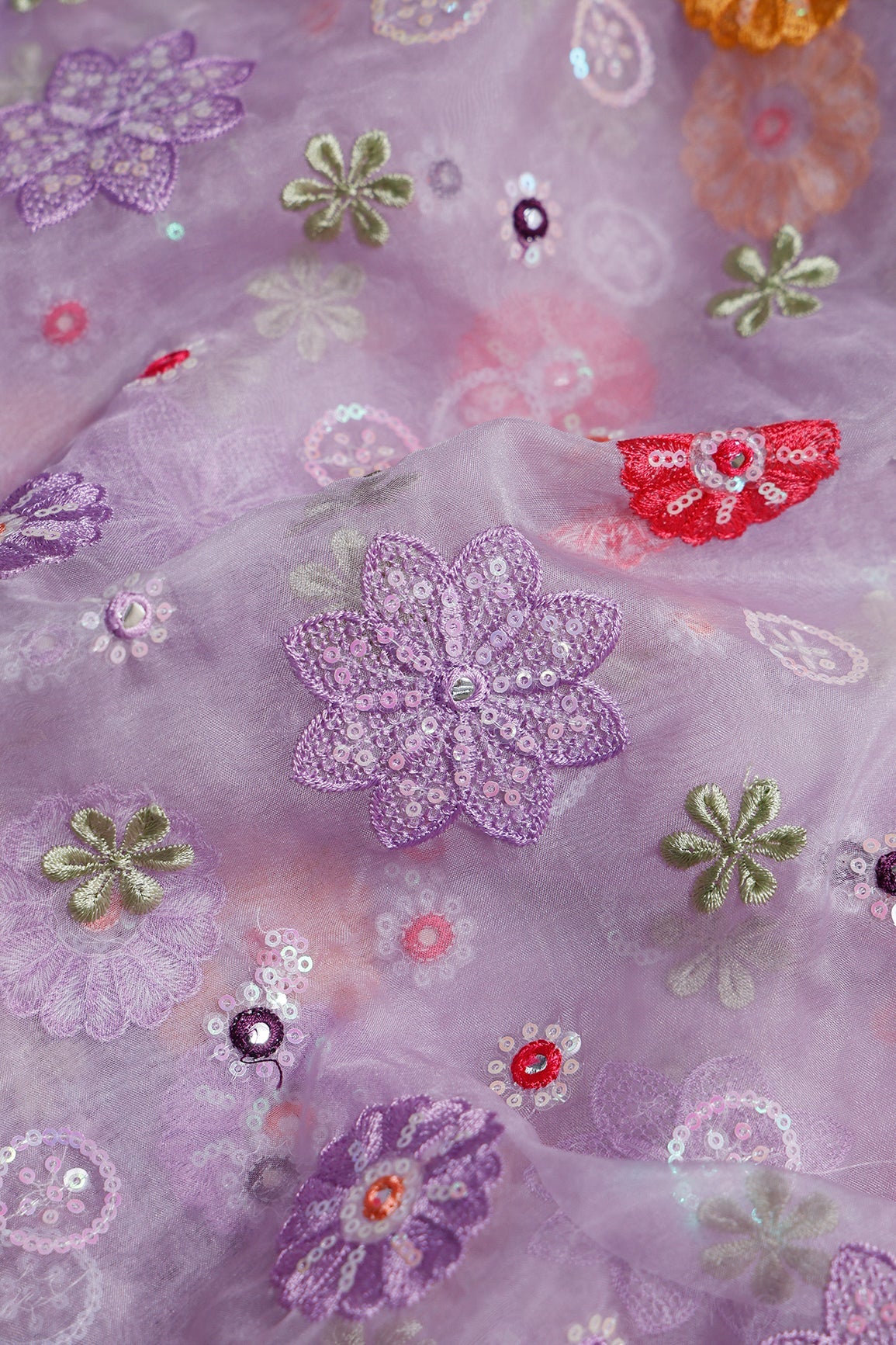 3 Meter Cut Piece Of Exclusive Floral Designer Embroidery With Faux Mirror On Lavender Organza Fabric - doeraa