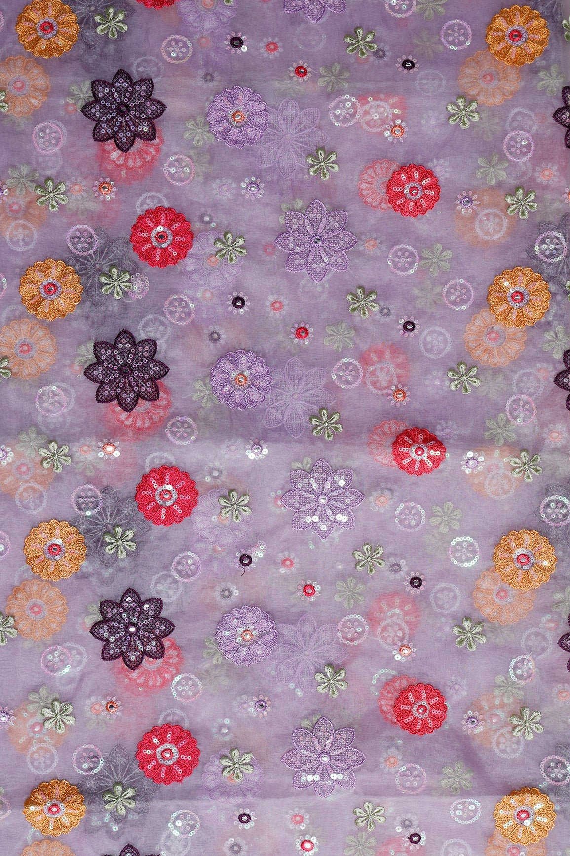 3 Meter Cut Piece Of Exclusive Floral Designer Embroidery With Faux Mirror On Lavender Organza Fabric - doeraa