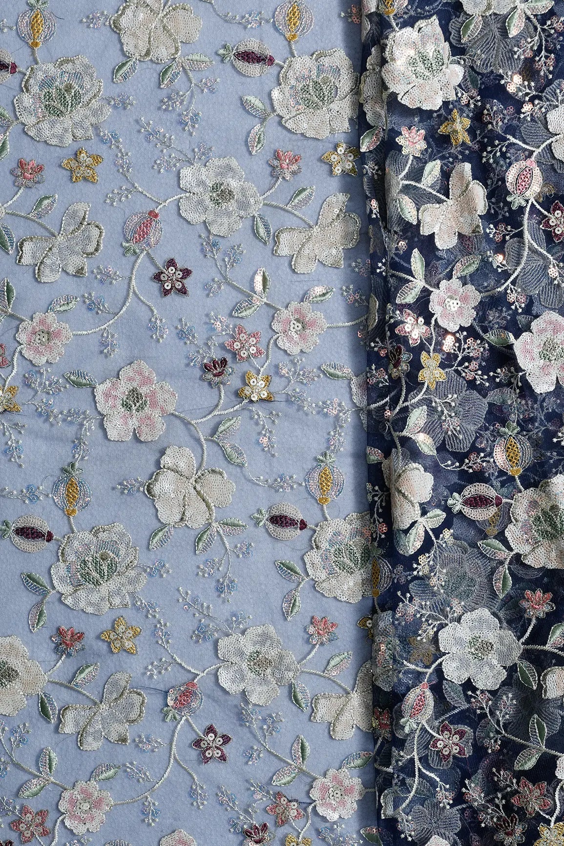 3 Meter Cut Piece Of Multi Thread With Multi Sequins Heavy Floral Embroidery Work On Navy Blue Soft Net Fabric - doeraa