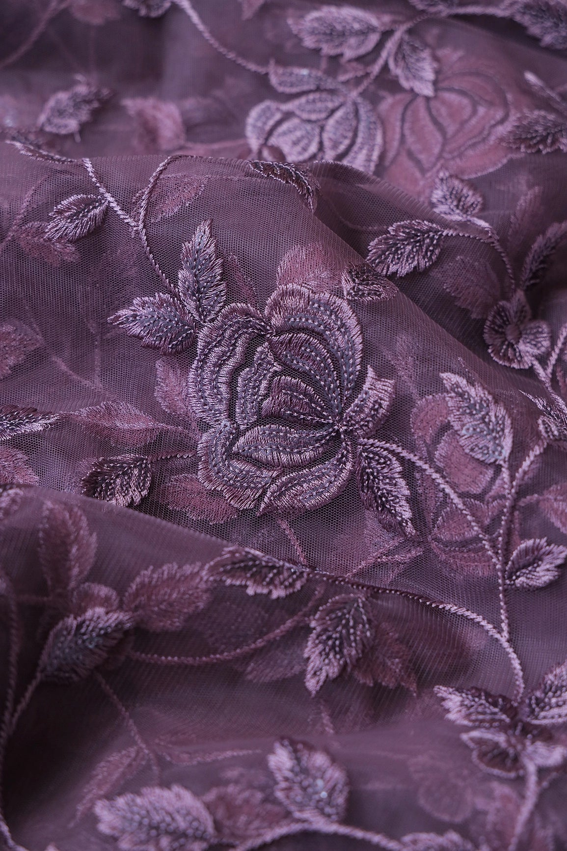 3 Meter Cut Piece Of Purple Thread With Sequins Floral Embroidery On Viola Purple Soft Net Fabric - doeraa