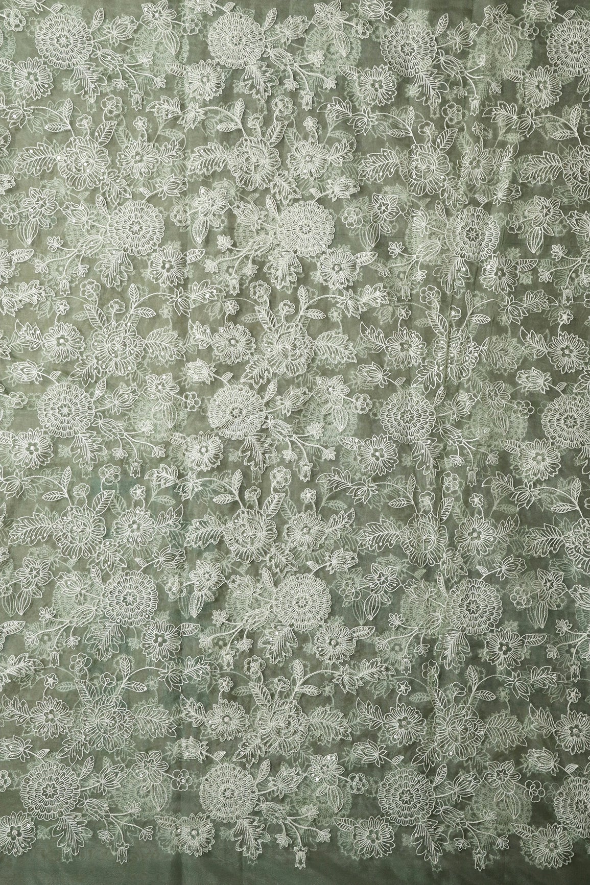 3 Meter Cut Piece Of White Thread With Gold Sequins Floral Embroidery On Olive Organza Fabric - doeraa