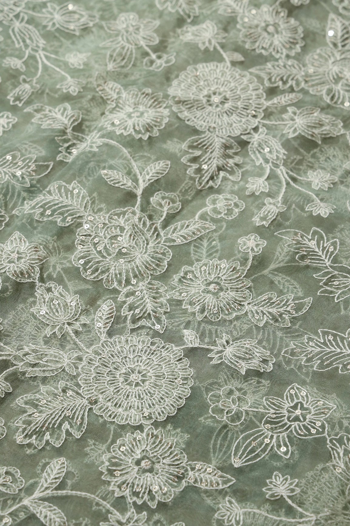 3 Meter Cut Piece Of White Thread With Gold Sequins Floral Embroidery On Olive Organza Fabric - doeraa