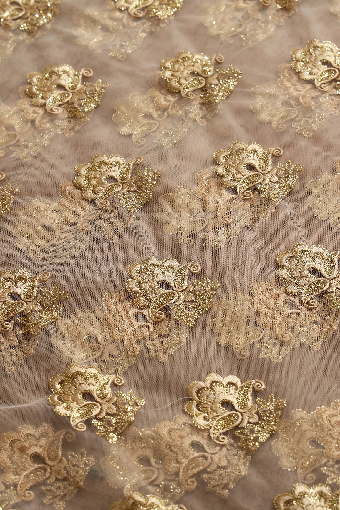 3.25 Meter Cut Piece Of Beige Thread With Gold Sequins Floral Embroidery On Beige Soft Net Fabric - doeraa