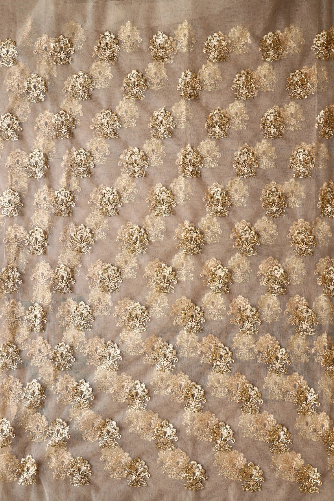 3.25 Meter Cut Piece Of Beige Thread With Gold Sequins Floral Embroidery On Beige Soft Net Fabric - doeraa