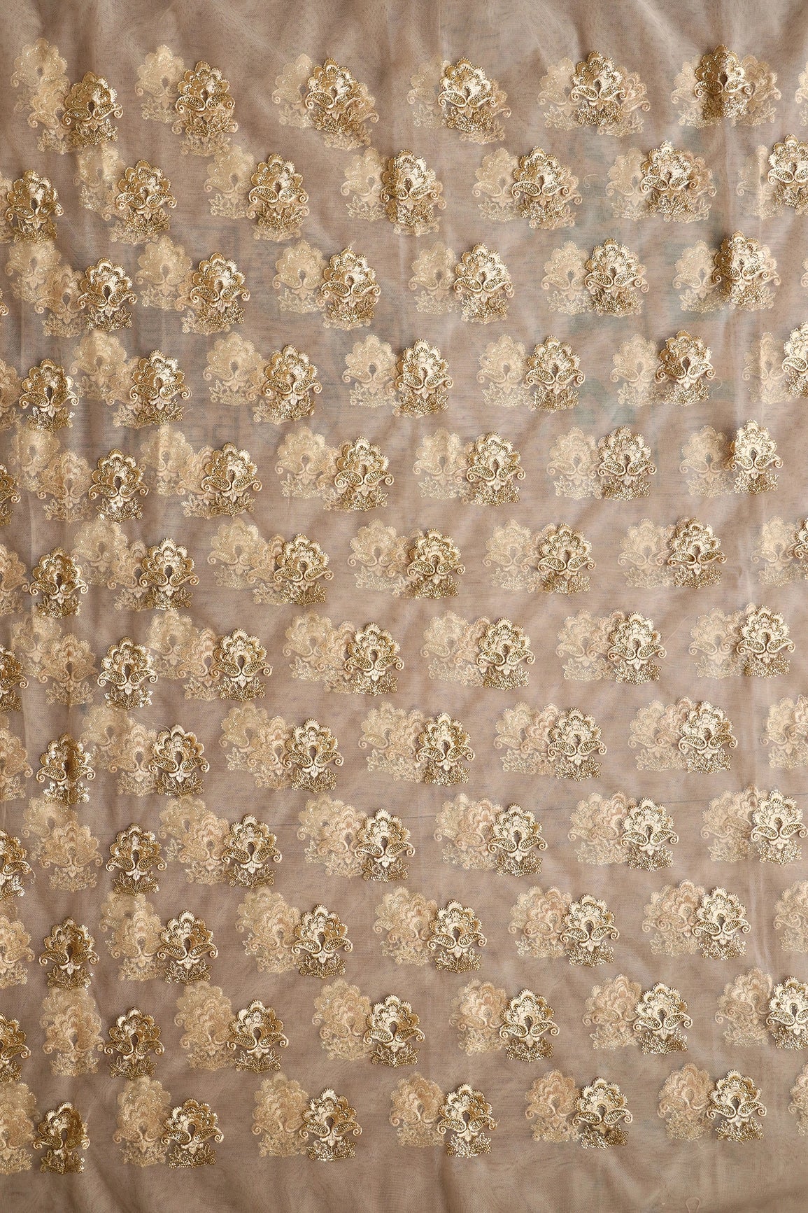 3.25 Meter Cut Piece Of Beige Thread With Gold Sequins Floral Embroidery On Beige Soft Net Fabric - doeraa