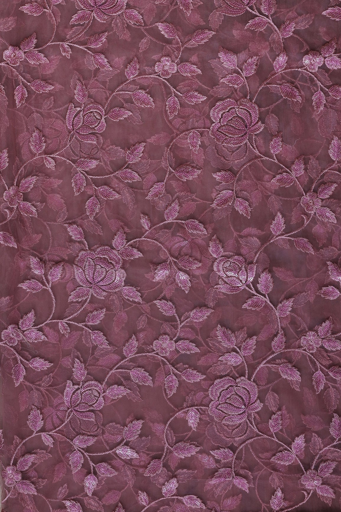 3.25 Meter Cut Piece Of Mauve Thread With Sequins Floral Embroidery On Mauve Soft Net Fabric - doeraa