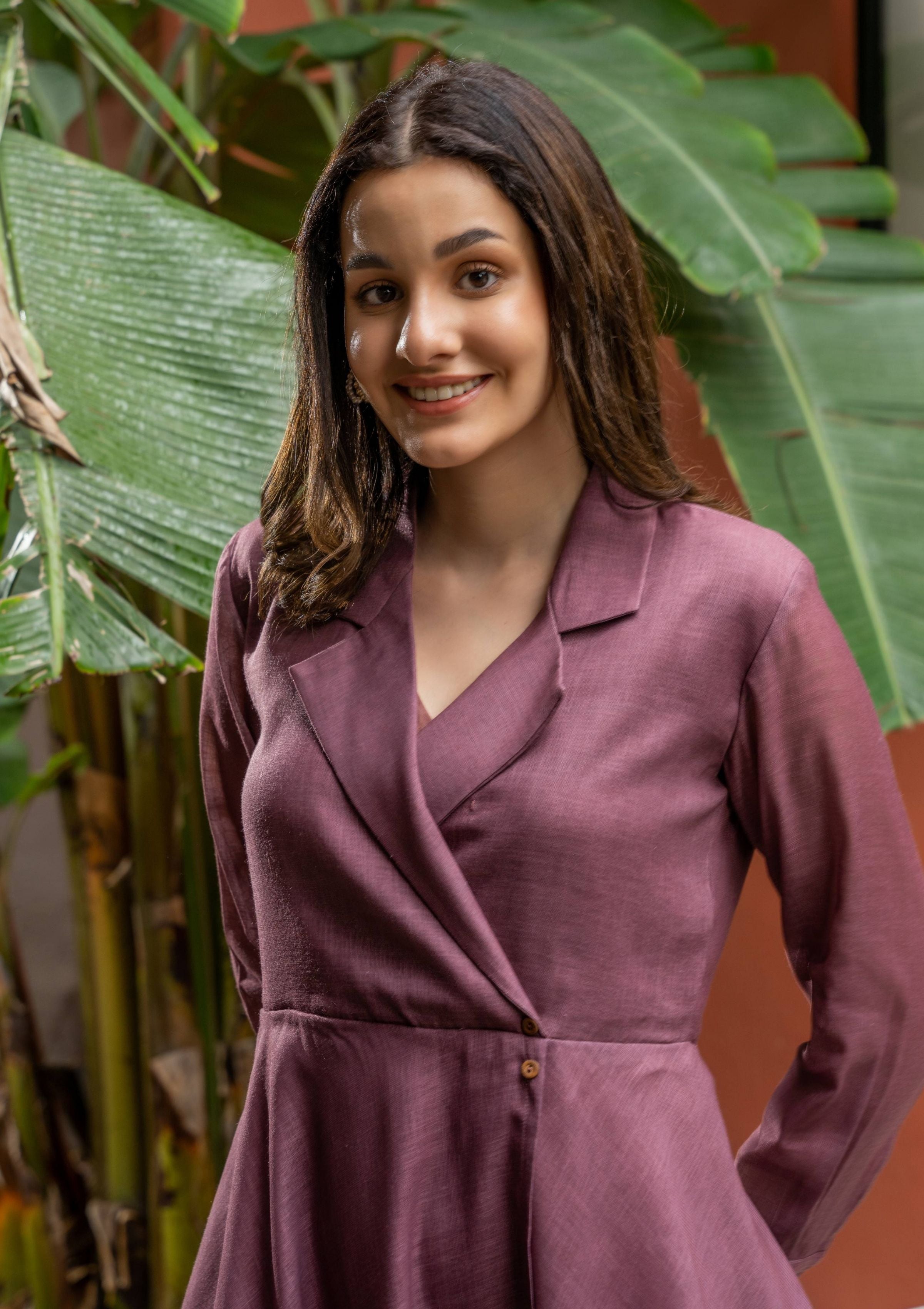 Scarlet Dusty Rose Color Linen Dress with Wooden Buttons