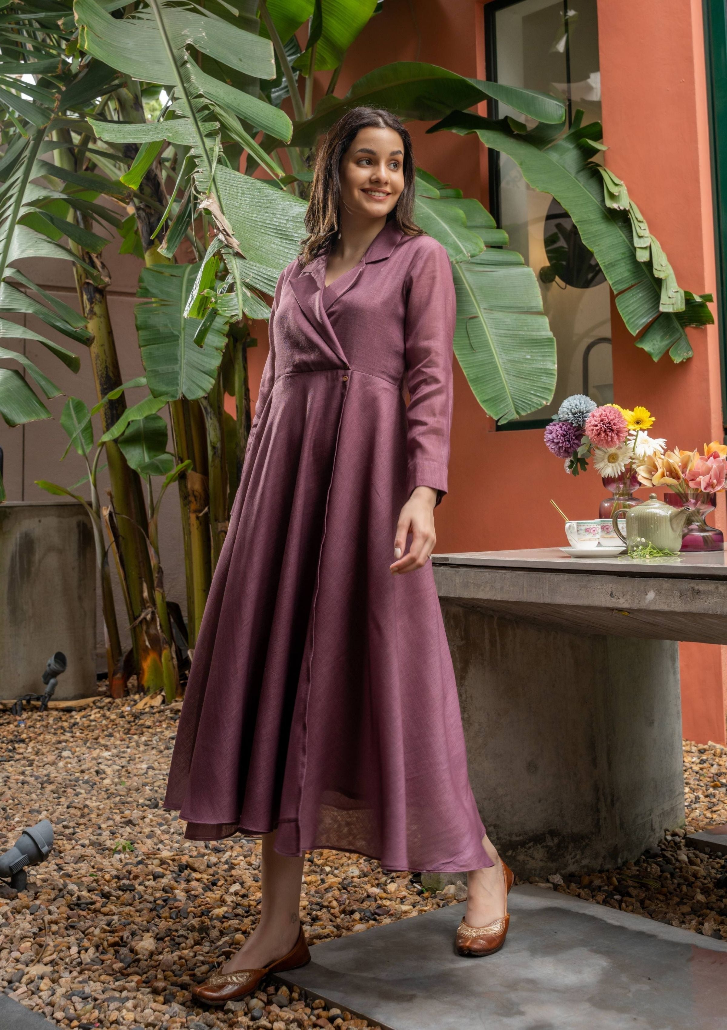 Scarlet Dusty Rose Color Linen Dress with Wooden Buttons