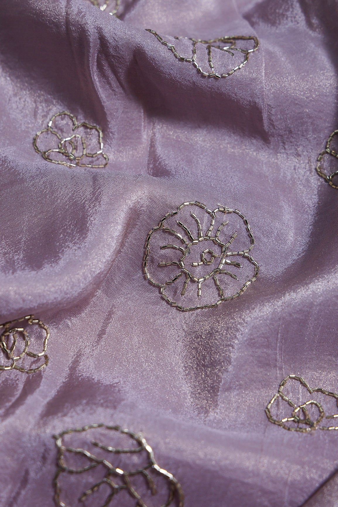 3.50 Meter Cut Piece Of Cut Dana Beads Floral Embroidery Work On Lilac Pure Viscose Zari Tissue Fabric - doeraa