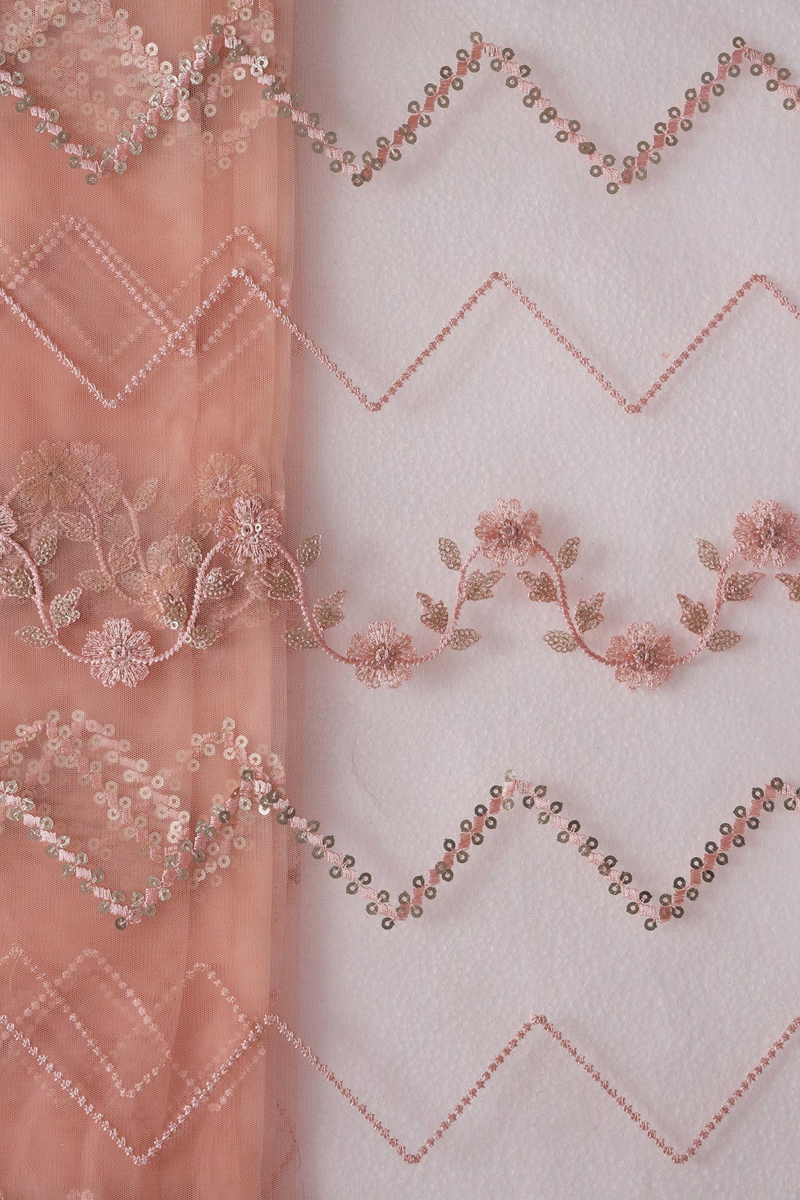 3.50 Meter Cut Piece Of Gold Sequins With Peach Thread Chevron Embroidery Work On Peach Soft Net Fabric - doeraa