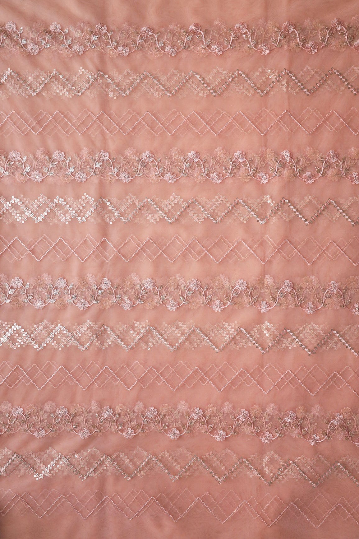 3.50 Meter Cut Piece Of Gold Sequins With Peach Thread Chevron Embroidery Work On Peach Soft Net Fabric - doeraa