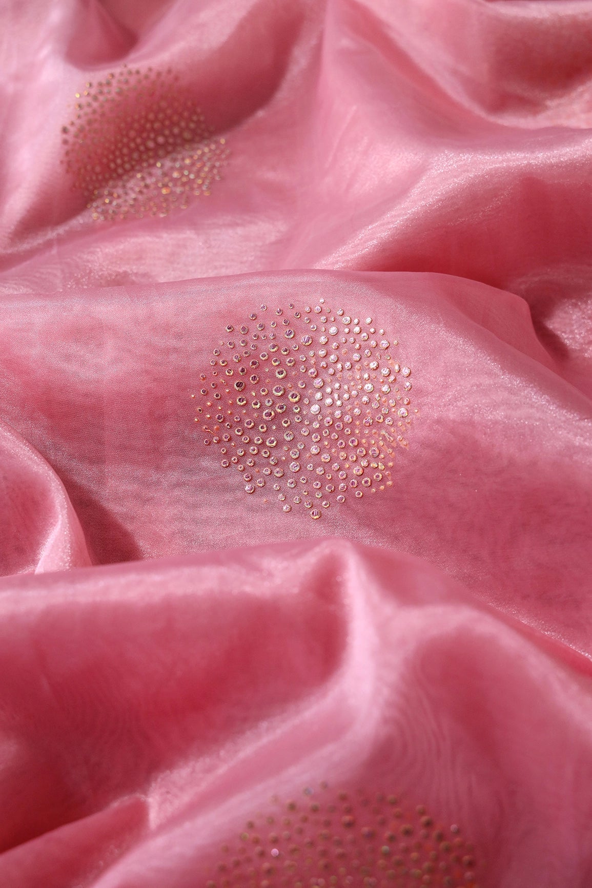 3.50 Meter Cut Piece Of Pink Stone Drop Geometric Work On Pink Tissue Fabric - doeraa