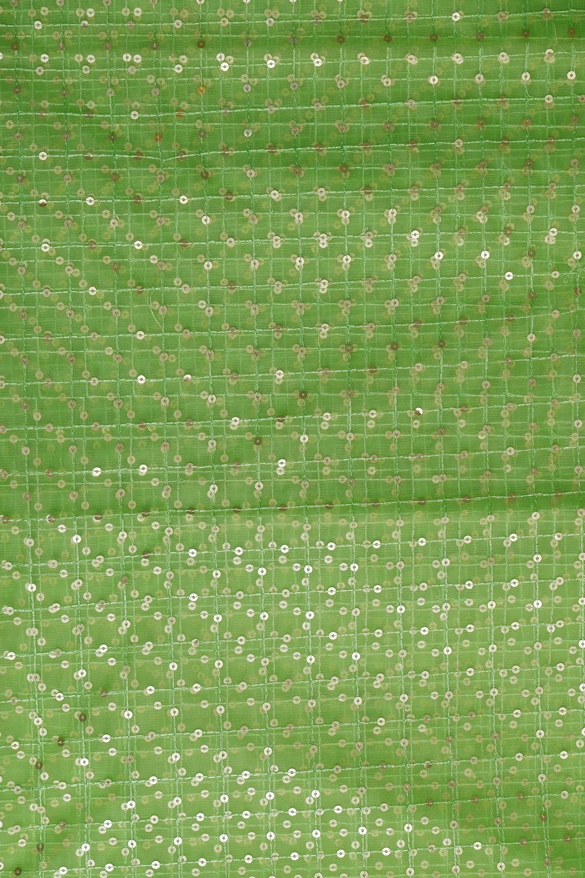 3.50 Meter Cut Piece Of Silver Sequins With Thread Checks Embroidery Work On Parrot Green Soft Net Fabric - doeraa
