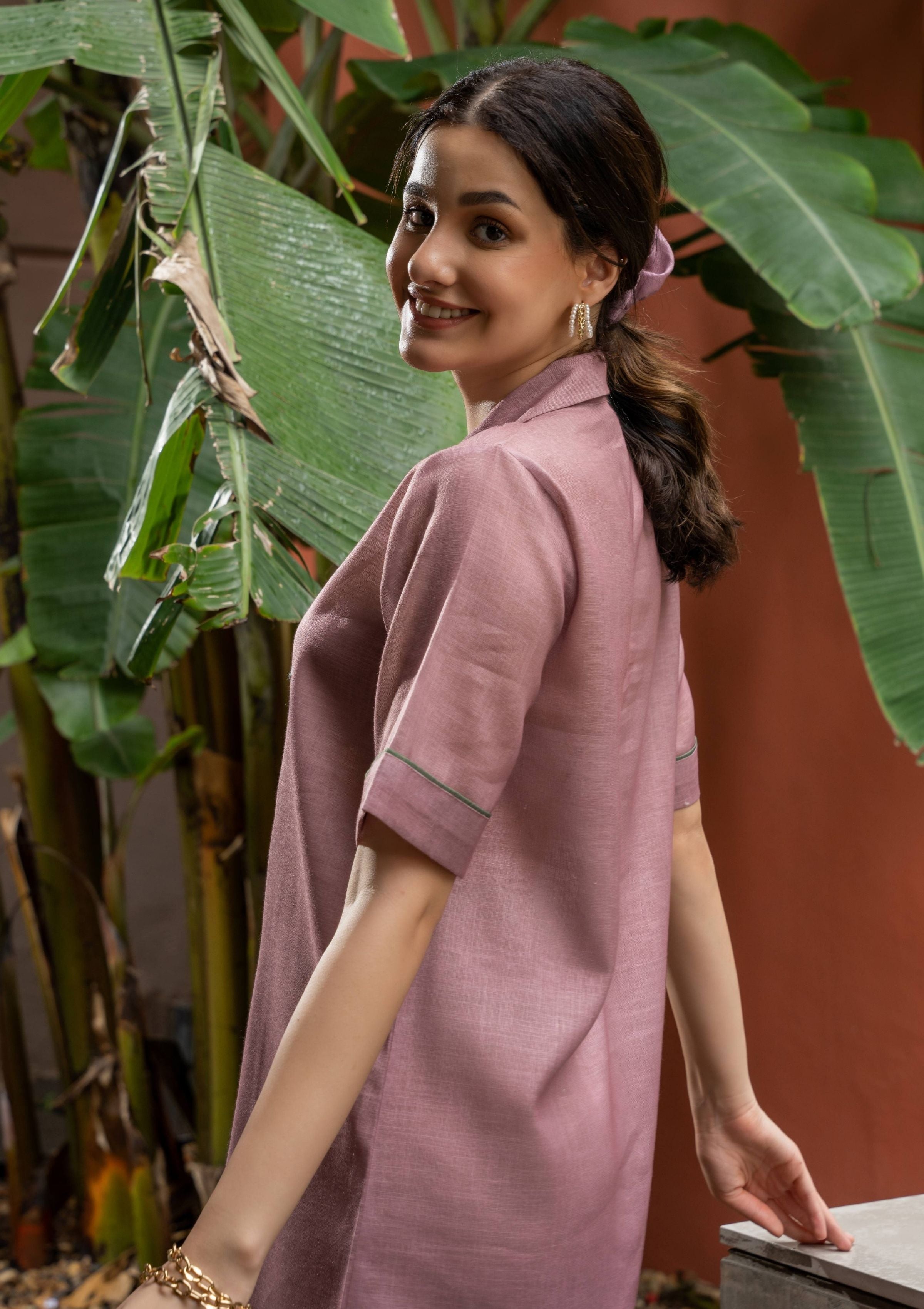 Old Rose Nude Pink Linen Shirt Dress with Wooden Buttons