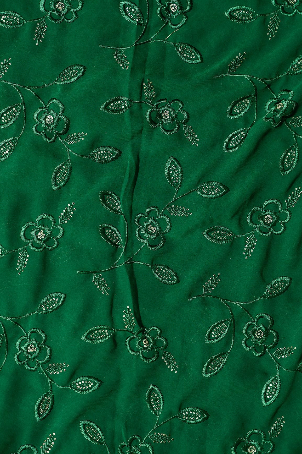 3.75 Meter Cut Piece Of Gorgeous Dark Green Thread With Gold Sequins Floral Leafy Embroidery Work On Dark Green Georgette Fabric - doeraa