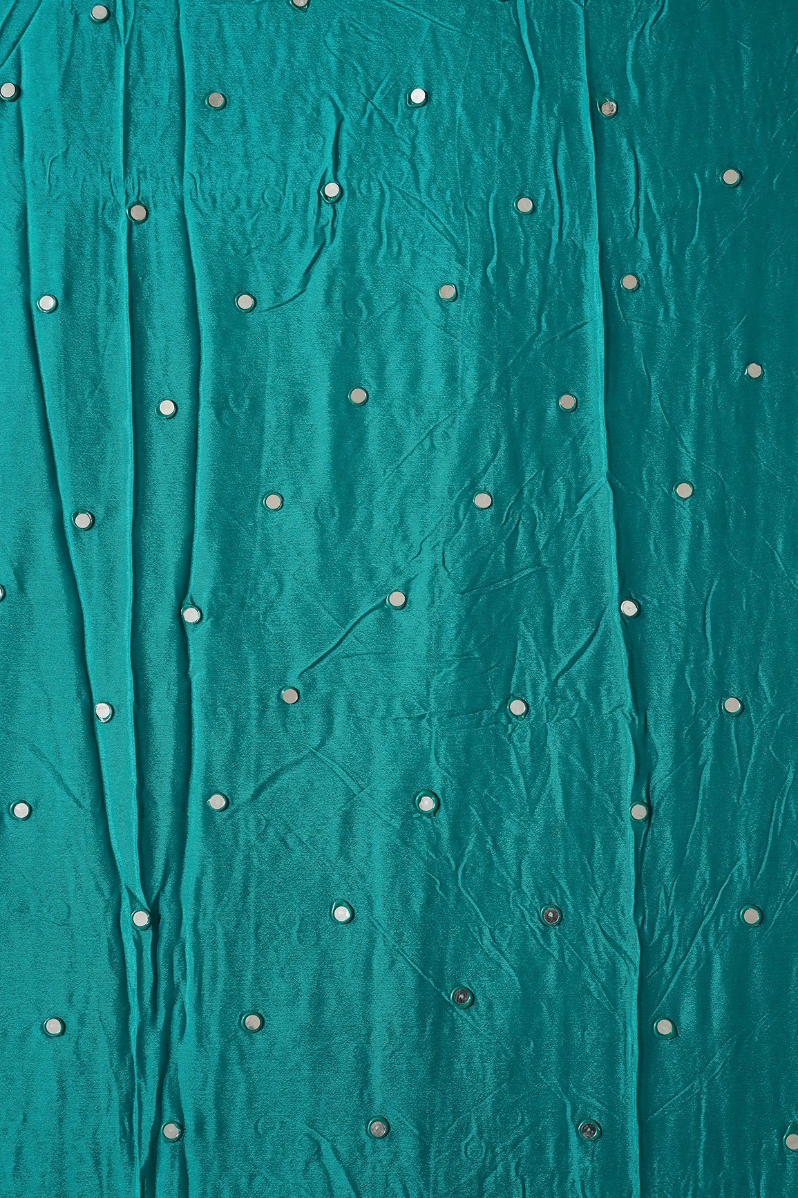 3.75 Meter Cut Piece Of Real Mirror Embroidery Work On Dark Turquoise Viscose Chinnon Chiffon Fabric - doeraa