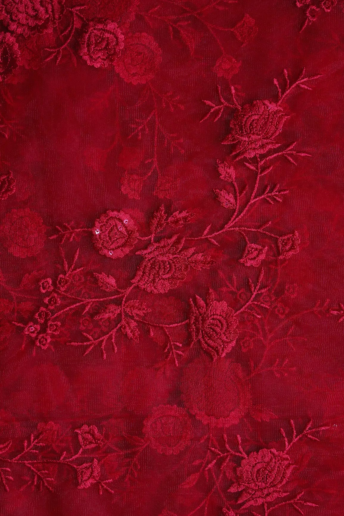 Red Thread With Sequins Floral Embroidery On Red Soft Net Fabric