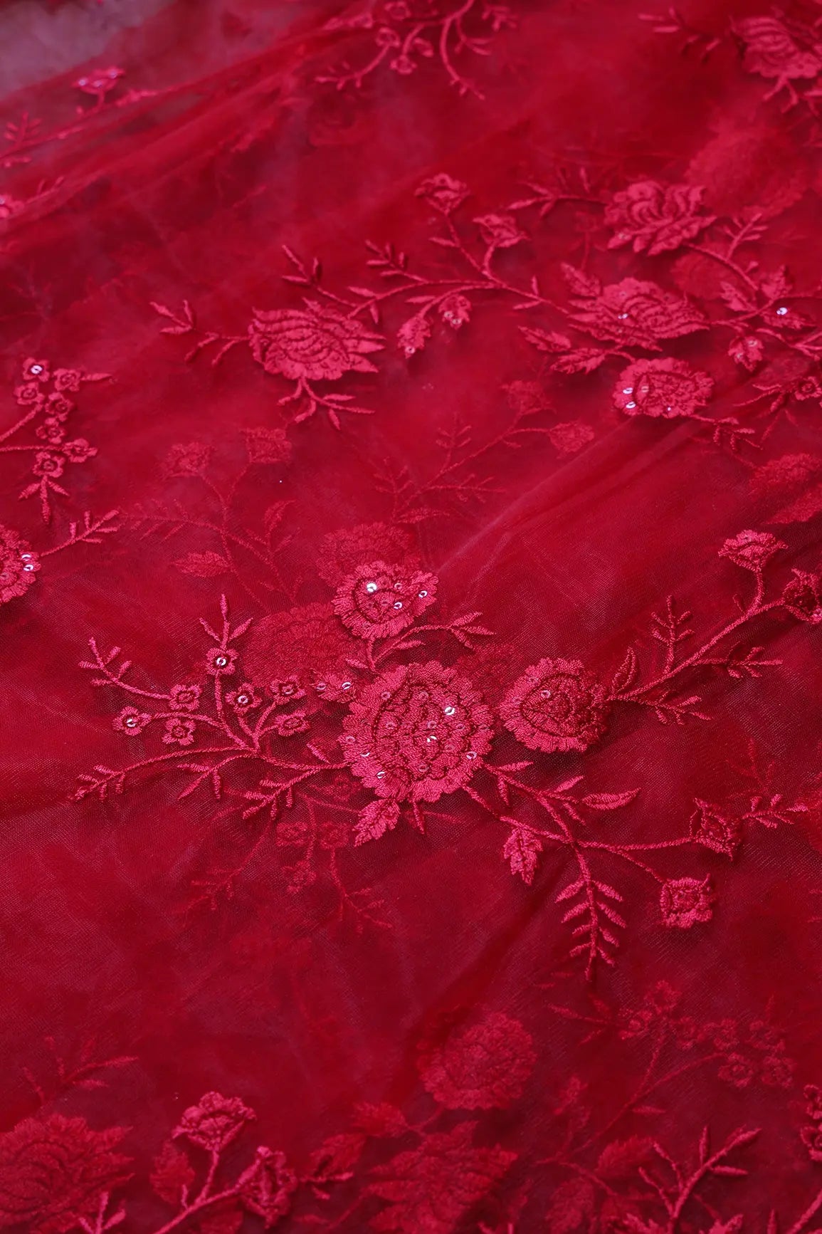 Red Thread With Sequins Floral Embroidery On Red Soft Net Fabric