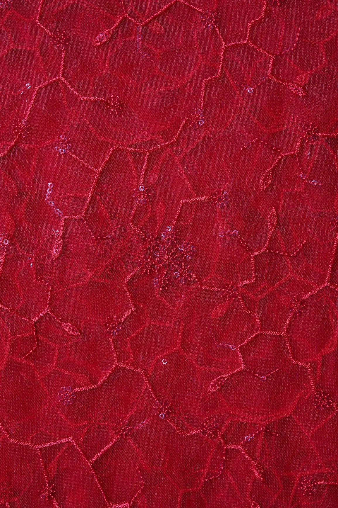 Beautiful Red Sequins Small Floral Embroidery On Red Soft Net Fabric