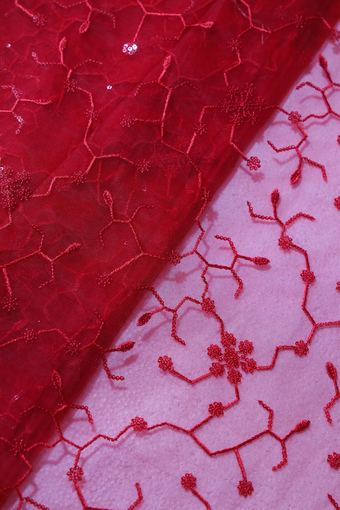 Beautiful Red Sequins Small Floral Embroidery On Red Soft Net Fabric