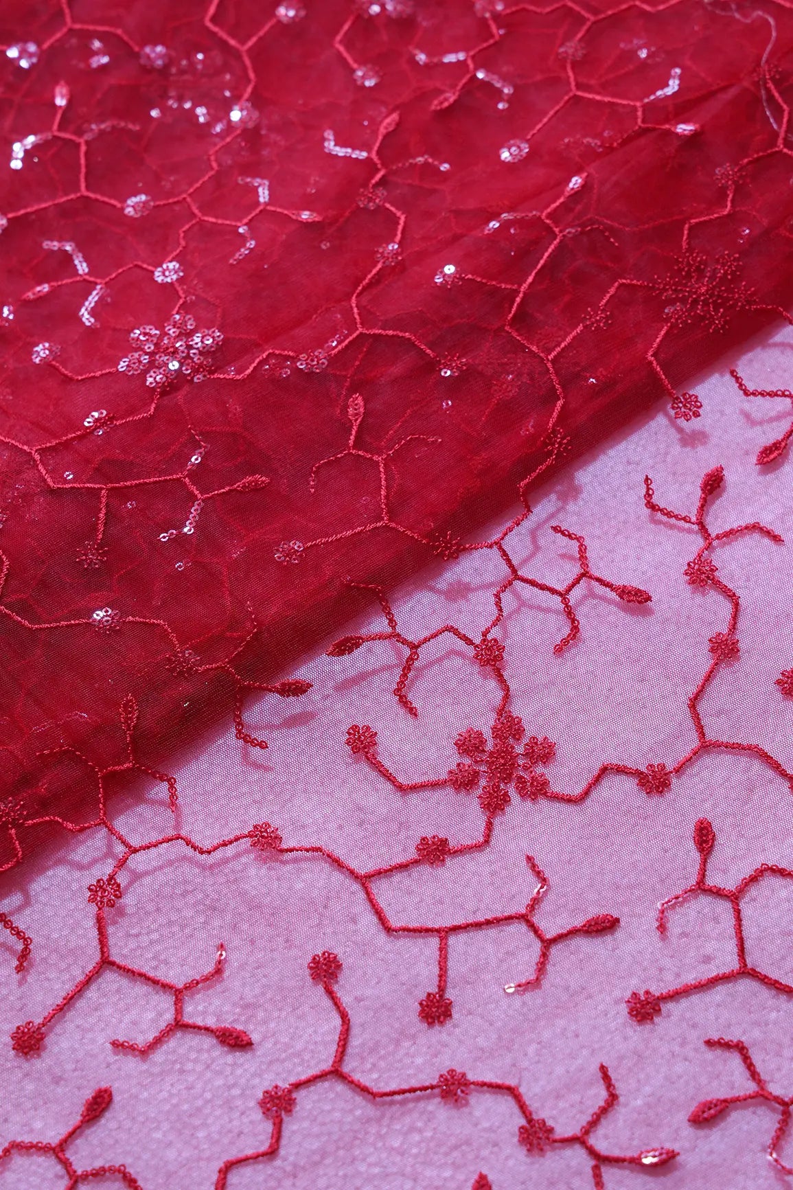 Beautiful Red Sequins Small Floral Embroidery On Red Soft Net Fabric