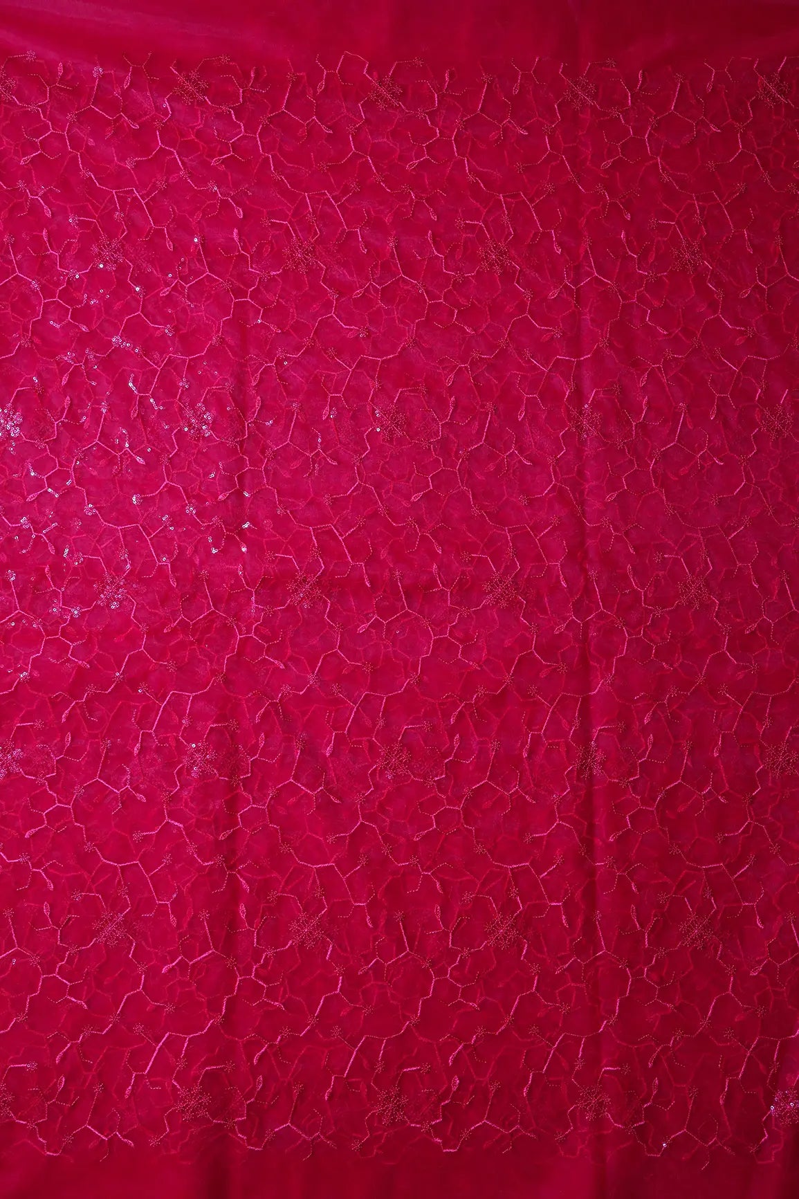 Beautiful Red Sequins Small Floral Embroidery On Cherry Red Soft Net Fabric