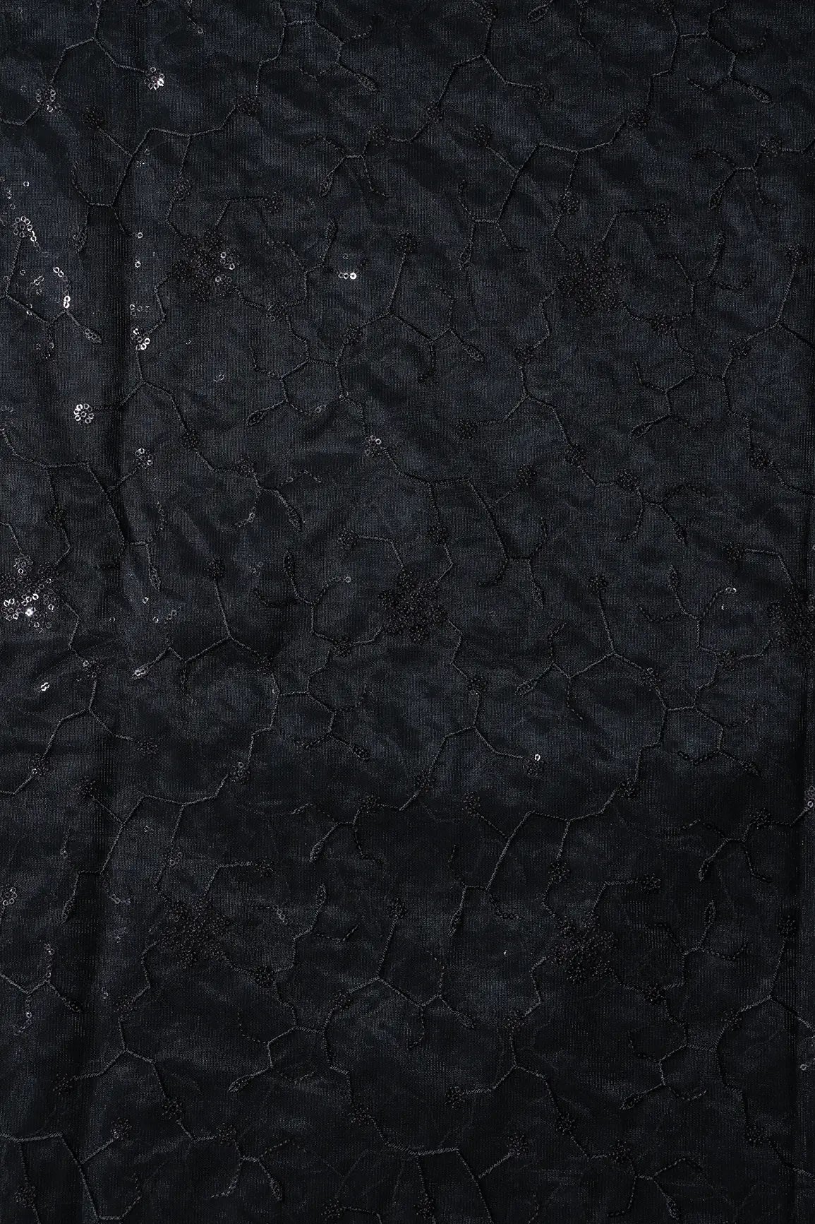 Beautiful Black Sequins Small Floral Embroidery On Black Soft Net Fabric