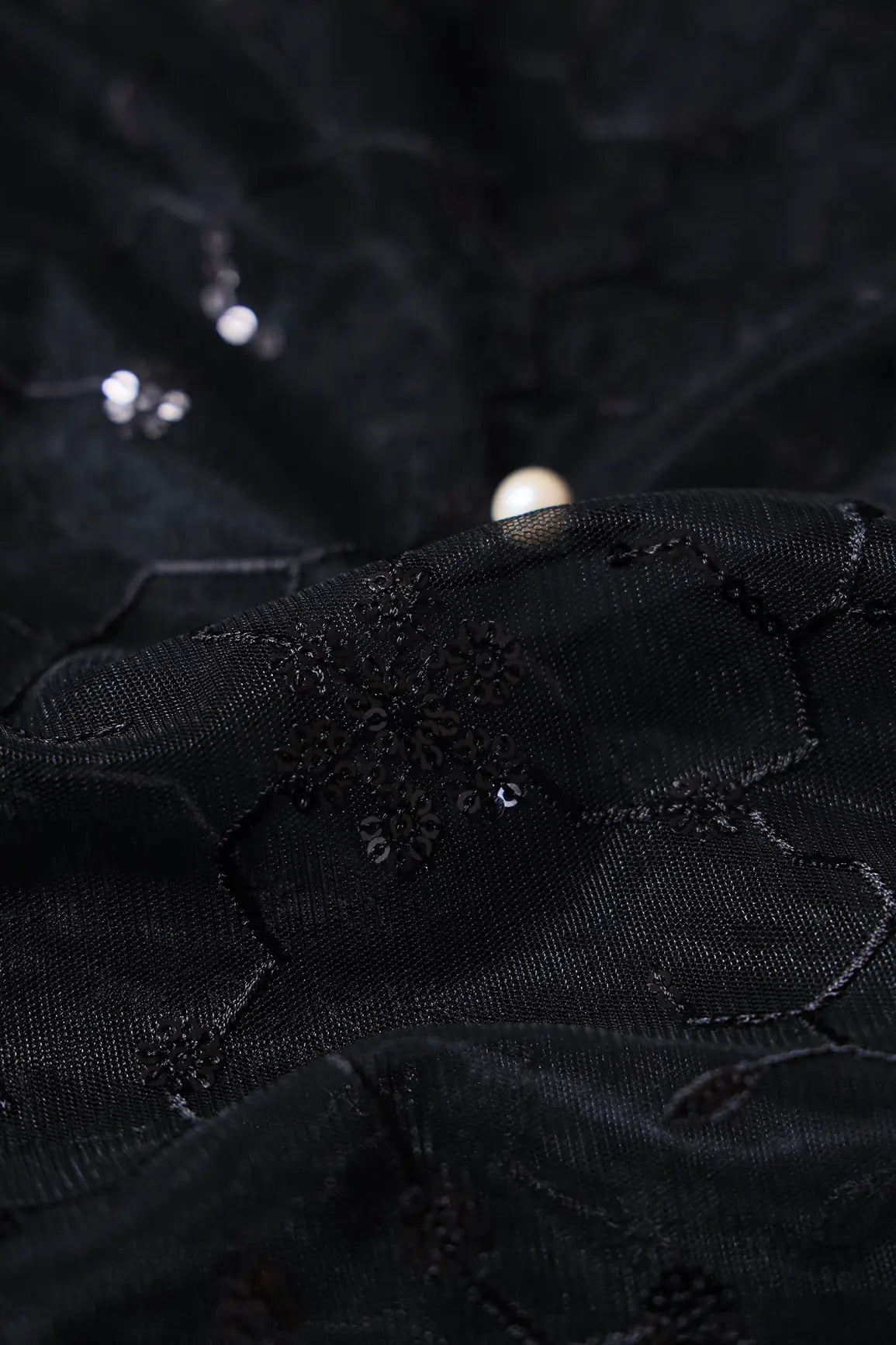 Beautiful Black Sequins Small Floral Embroidery On Black Soft Net Fabric