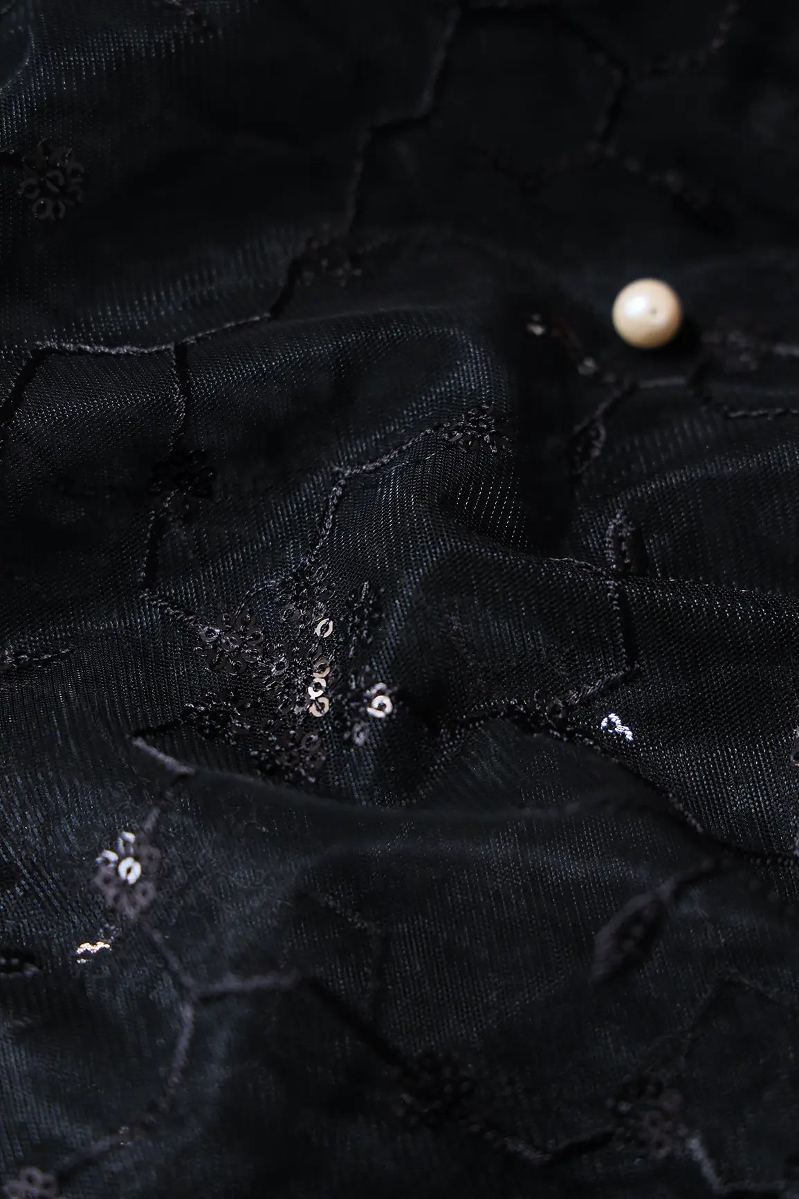 Beautiful Black Sequins Small Floral Embroidery On Black Soft Net Fabric