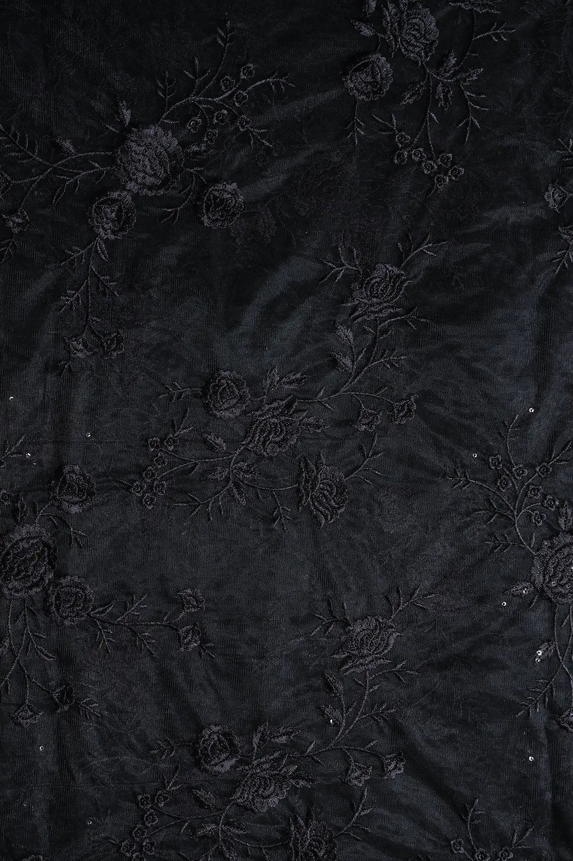 Black Thread With Sequins Floral Embroidery On Black Soft Net Fabric