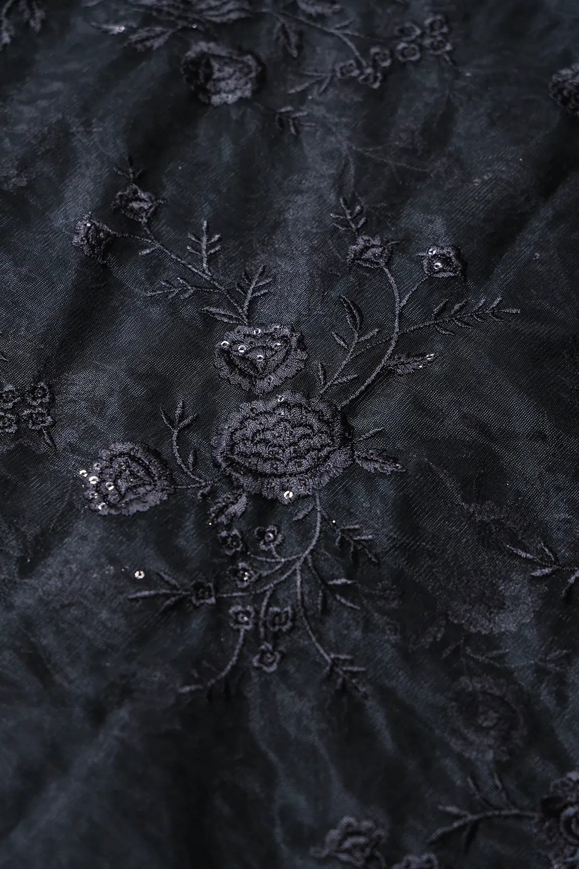 Black Thread With Sequins Floral Embroidery On Black Soft Net Fabric