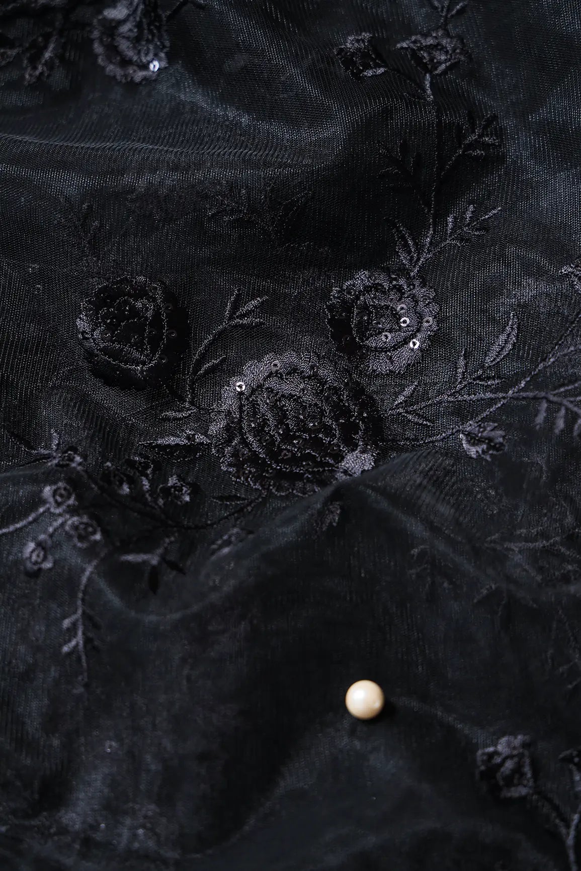 Black Thread With Sequins Floral Embroidery On Black Soft Net Fabric