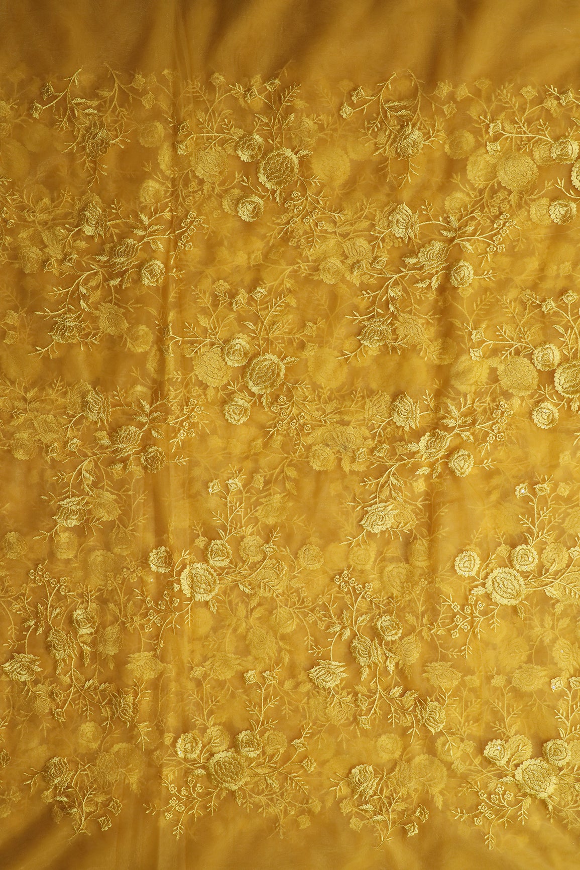 Yellow Thread With Sequins Floral Embroidery On Yellow Soft Net Fabric