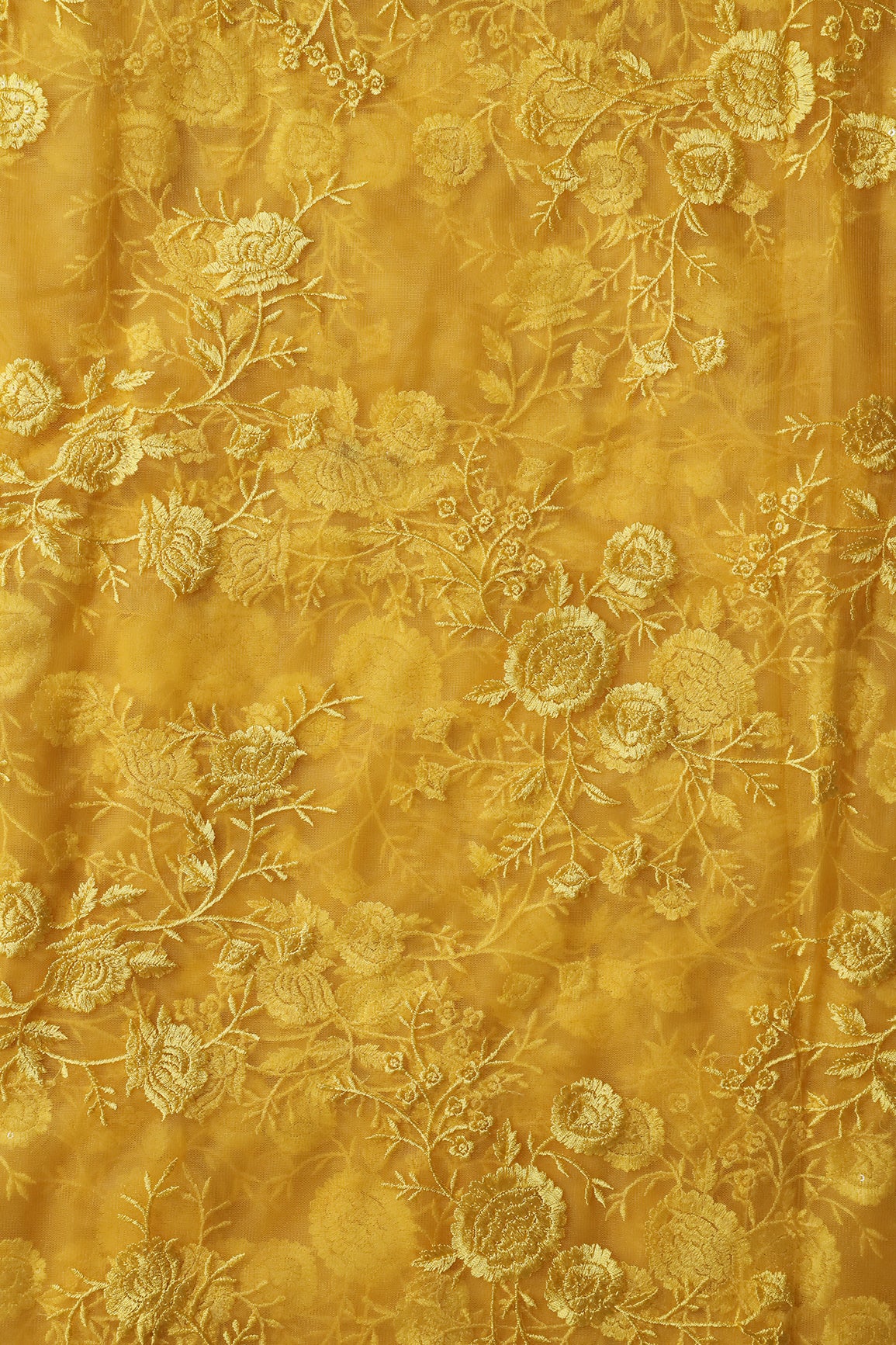 Yellow Thread With Sequins Floral Embroidery On Yellow Soft Net Fabric