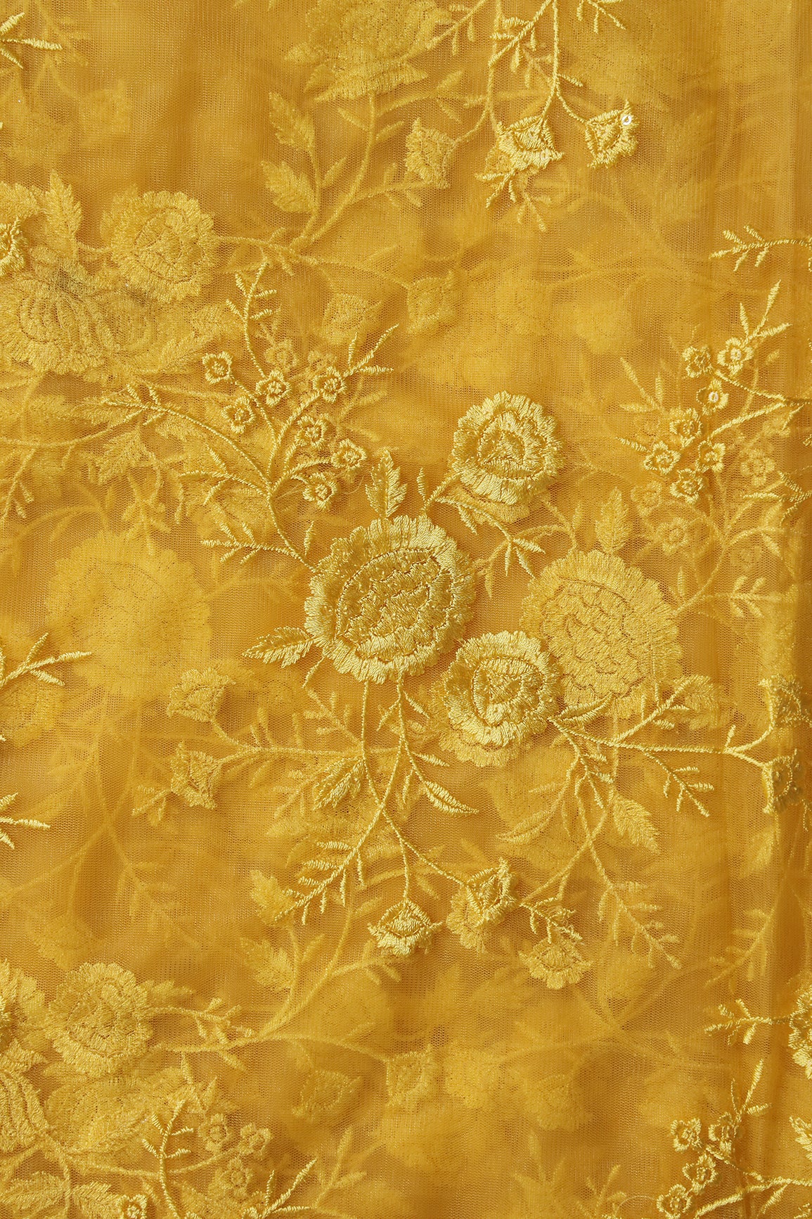 Yellow Thread With Sequins Floral Embroidery On Yellow Soft Net Fabric