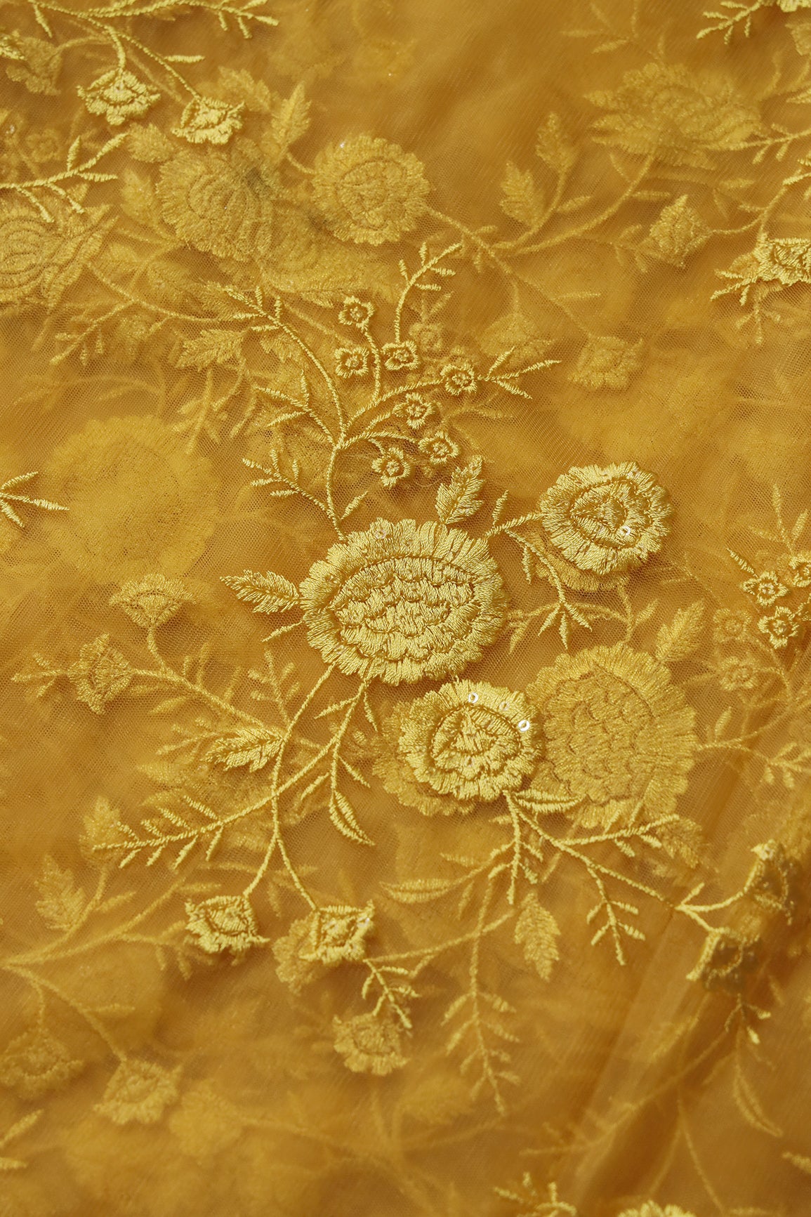 Yellow Thread With Sequins Floral Embroidery On Yellow Soft Net Fabric