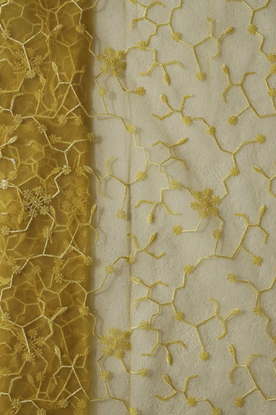 Beautiful Yellow Sequins Small Floral Embroidery On Yellow Soft Net Fabric