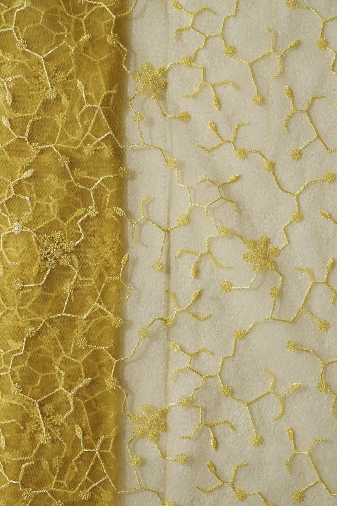 Beautiful Yellow Sequins Small Floral Embroidery On Yellow Soft Net Fabric